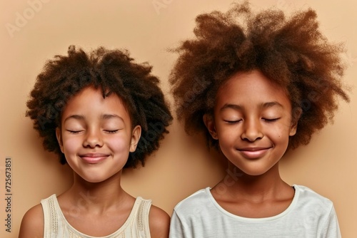 two girls with curly hair and eyes closed photo