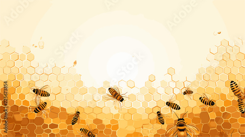 Vector scene featuring a beehive  showcasing the geometric precision of honeycomb structures and the collaborative efforts of bees in creating these intricate patterns. simple minimalist photo