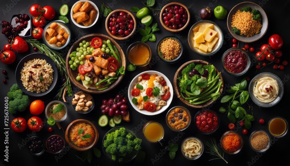 Assortment of healthy food dishes. Top view. Free space for your text Assortment of healthy food dishes. Top view. Free space for your text