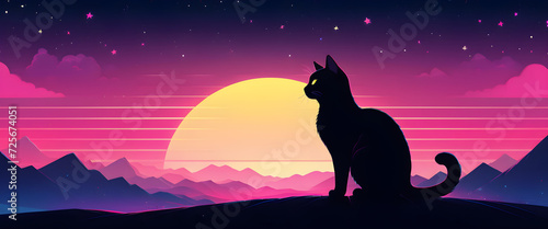 A black cat sits in silhouette against a vibrant backdrop of a sunset  mountains  and a starry sky synthwave style
