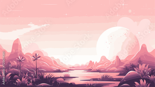 Surreal vector illustration depicting an otherworldly landscape on an alien planet  with exotic flora and fauna against a cosmic backdrop. simple minimalist illustration creative