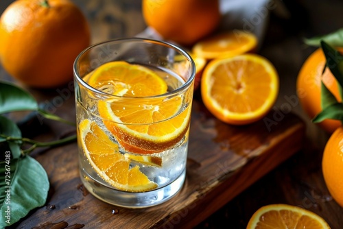 a glass of water with orange slices on it photo