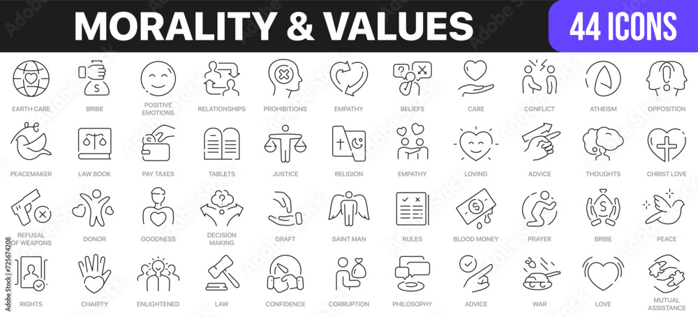 Morality and values line icons collection. UI icon set in a flat design. Excellent signed icon collection. Thin outline icons pack. Vector illustration EPS10
