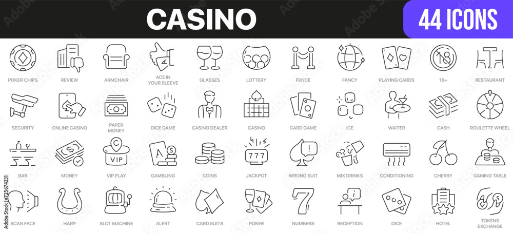 Casino line icons collection. UI icon set in a flat design. Excellent signed icon collection. Thin outline icons pack. Vector illustration EPS10