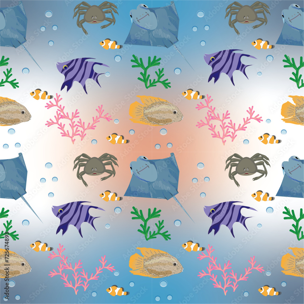 seamless pattern with fishes and sea animals: crab, stingray, fish ...