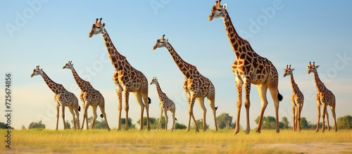 giraffes of all sizes in a row walking on green grass bright blue sky atmosphere