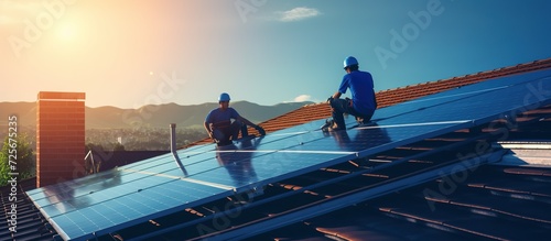 two engineers repairing solar panels on the roof of a house