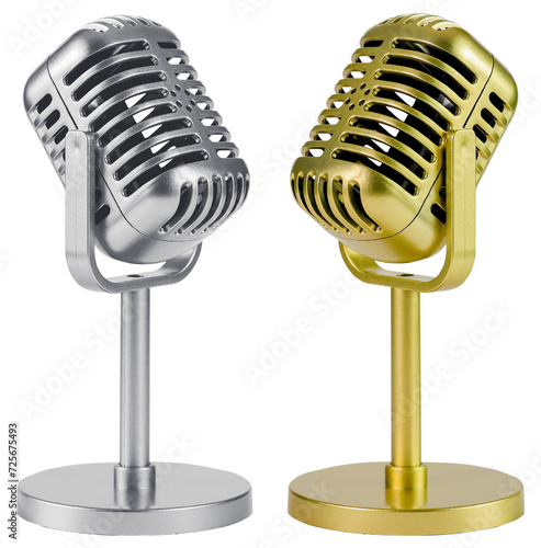 Konstfotografi Closeup set of vintage retro style microphone golden and silver chrome color isolated clipping path on white background
