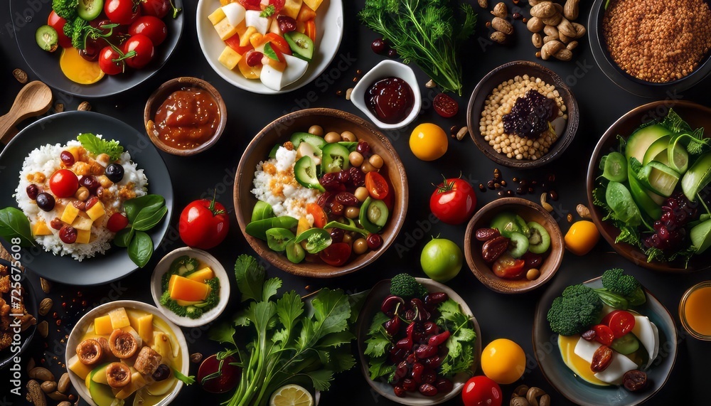 Assortment of healthy food dishes. Top view. Free space for your text Assortment of healthy food dishes. Top view. Free space for your text