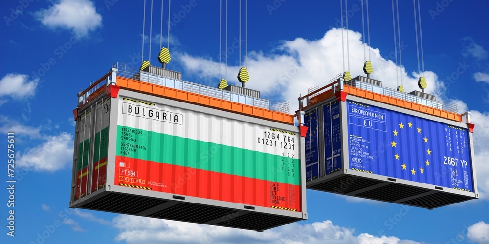Shipping containers with flags of Bulgaria and European Union - 3D illustration