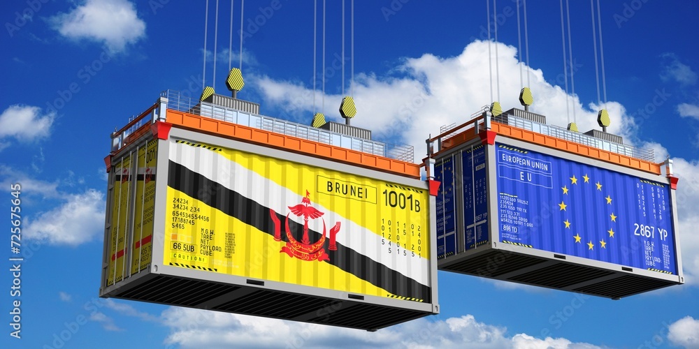 Shipping containers with flags of Brunei and European Union - 3D illustration