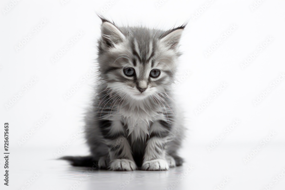 Curious kitten with adorable eyes sitting, sad and gloomy face.