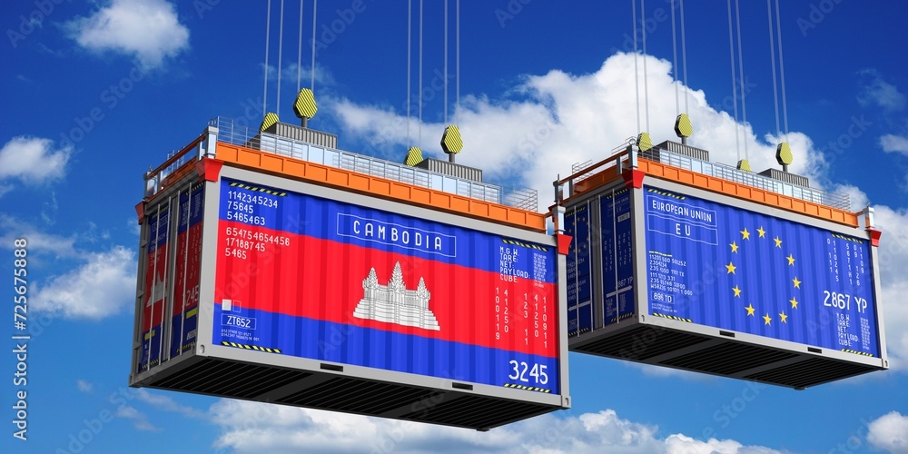 Shipping containers with flags of Cambodia and European Union - 3D illustration Shipping containers with flags of Cambodia and European Union - 3D illustration