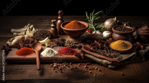 Traditional spice powder served on a wooden tray, pepper powder, garlic, cinnamon and other spices.