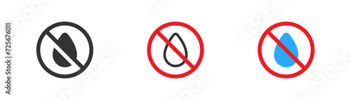 Water drop forbidden icon. Water resistance, keep dry symbol, no liquid. Line and flat vector illustration. photo
