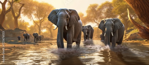 elephants crossing a shallow river at sunrise in the morning photo