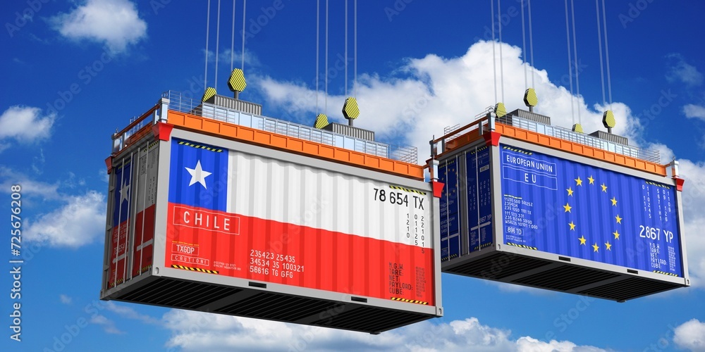 Shipping containers with flags of Chile and European Union - 3D illustration Shipping containers with flags of Chile and European Union - 3D illustration