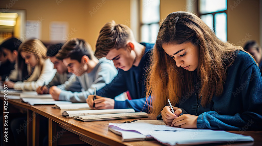 Group of students is taking exams on a subject in the class Group of students is taking exams on a subject in the class