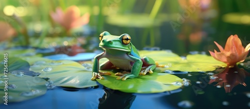 Green frog on flowering lotus plant on clear water bokeh background  light  green