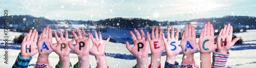 Children Hands Building Word Happy Pesach, Winter Background