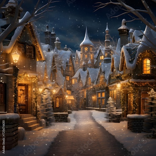 Winter night in the village. Christmas and New Year background. 3D rendering