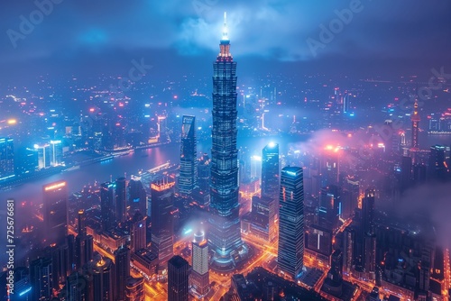 shanghai skyline and modern city skyscrapers at night photo
