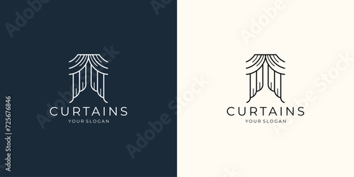 Window curtains, shades thin line icons. Various room darkening decoration, Interior design thin linear signs for house decor shop.