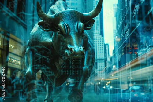 bull and rising finances, set against a blue stock market backdrop. money,blue trader technology concept.