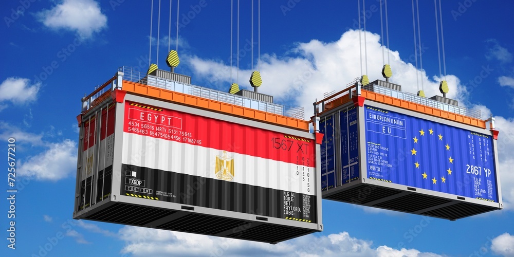 Shipping containers with flags of Egypt and European Union - 3D illustration