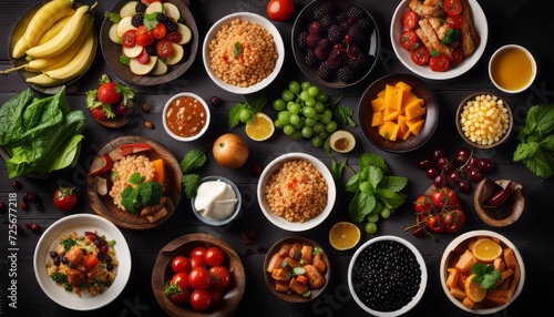Assortment of healthy food dishes. Top view. Free space for your text photo