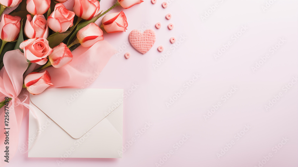Walentynki - tło na życzenia. Mockup, szablon z różami, kopertą i listem z wyznaniem uczuć miłości. Kwiaty dla zakochanej kobiety - obrazy, fototapety, plakaty 