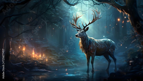Deer in the dark forest at night. 3D illustration.