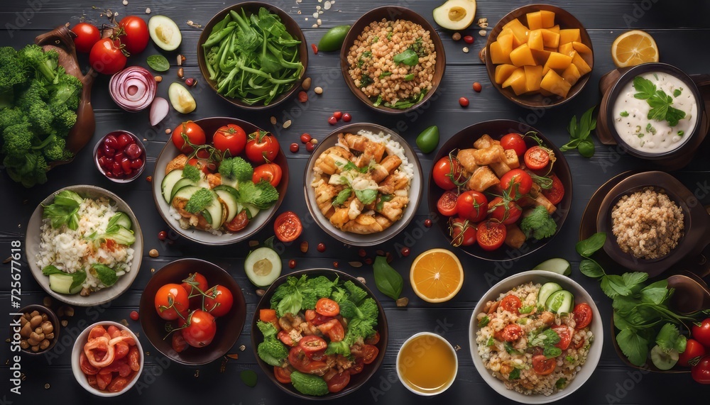 Assortment of healthy food dishes. Top view. Free space for your text Assortment of healthy food dishes. Top view. Free space for your text