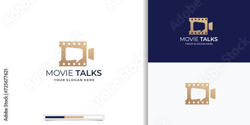 movie talk logo, cinema forum icon, video production combine with bubble speech logo concept