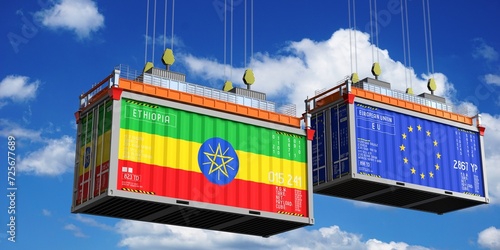 Shipping containers with flags of Ethiopia and European Union - 3D illustration