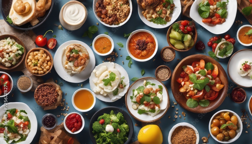 Assortment of healthy food dishes. Top view. Free space for your text Assortment of healthy food dishes. Top view. Free space for your text