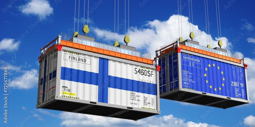 Shipping containers with flags of Finland and European Union - 3D illustration