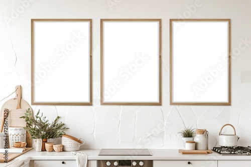 Three Frame mockup. Modern Kitchen with Wooden Accents and Dry Plants. Scandinavian kitchen design featuring wooden cabinets, a white countertop with dry pampas grass in a vase, and empty frame wall.