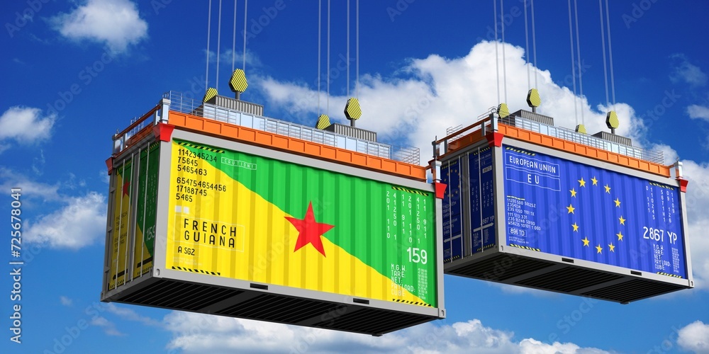 Shipping containers with flags of French Guiana and European Union - 3D illustration