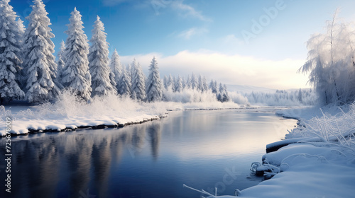 realistic impressive epic winter scenery view of a wide river and a forest