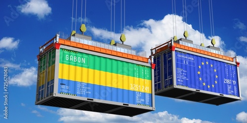 Shipping containers with flags of Gabon and European Union - 3D illustration