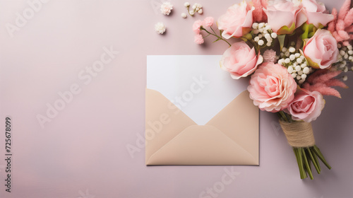 Walentynki - tło na życzenia. Mockup, szablon z wiązanka, kopertą i listem z wyznaniem uczuć miłości. Kwiaty dla zakochanej kobiety