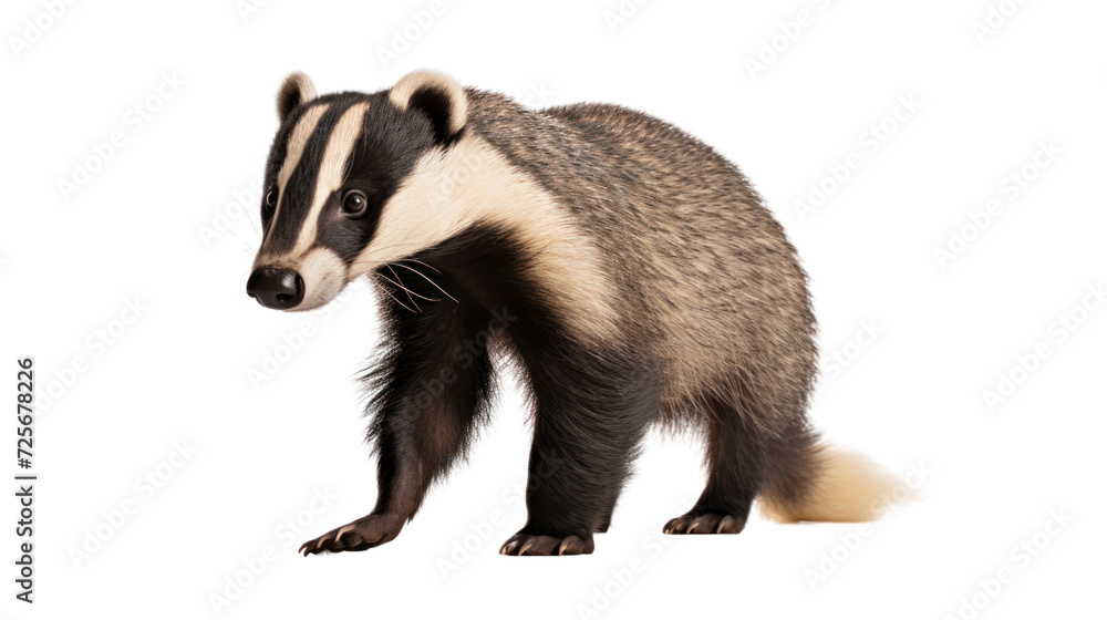 European badger walking isolated on transparent and white background.PNG image