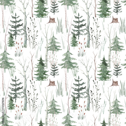 Seamless pattern with watercolor pine trees and spruces, hand drawn on white background