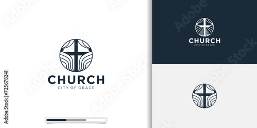 symbol of church logo design template.linear circle shape concept with cross icon.