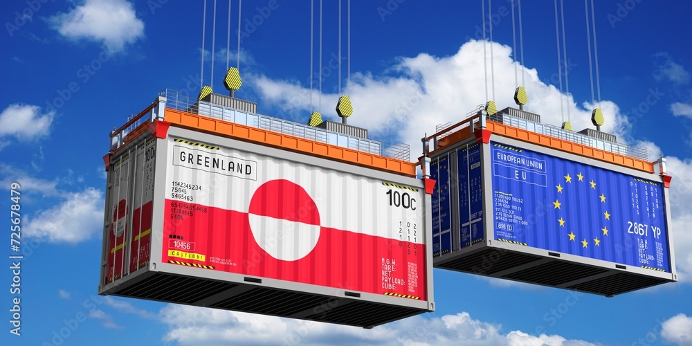 Shipping containers with flags of Greenland and European Union - 3D illustration