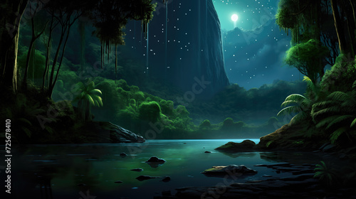night evening scenery with a shining moon  river artwork