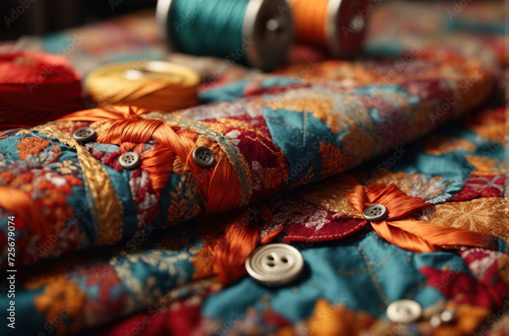 Textile with Bright Patterns Texture: The center of the frame is dominated by a textile surface with vivid patterns. Selective focus. Free space for text. Textile with Bright Patterns Texture: The center of the frame is dominated by a textile surface with vivid patterns. Selective focus. Free space for text.