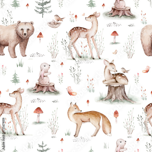 Watercolor Woodland animals seamless pattern. Fabric wallpaper forest with baby deer. Owl, fox and butterfly, Bunny rabbit set of forest, bear and bird baby animal Nursery photo