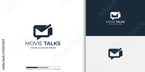 movie talk logo, cinema discussion icon, film roll combine with bubble speech logo concept inspiration